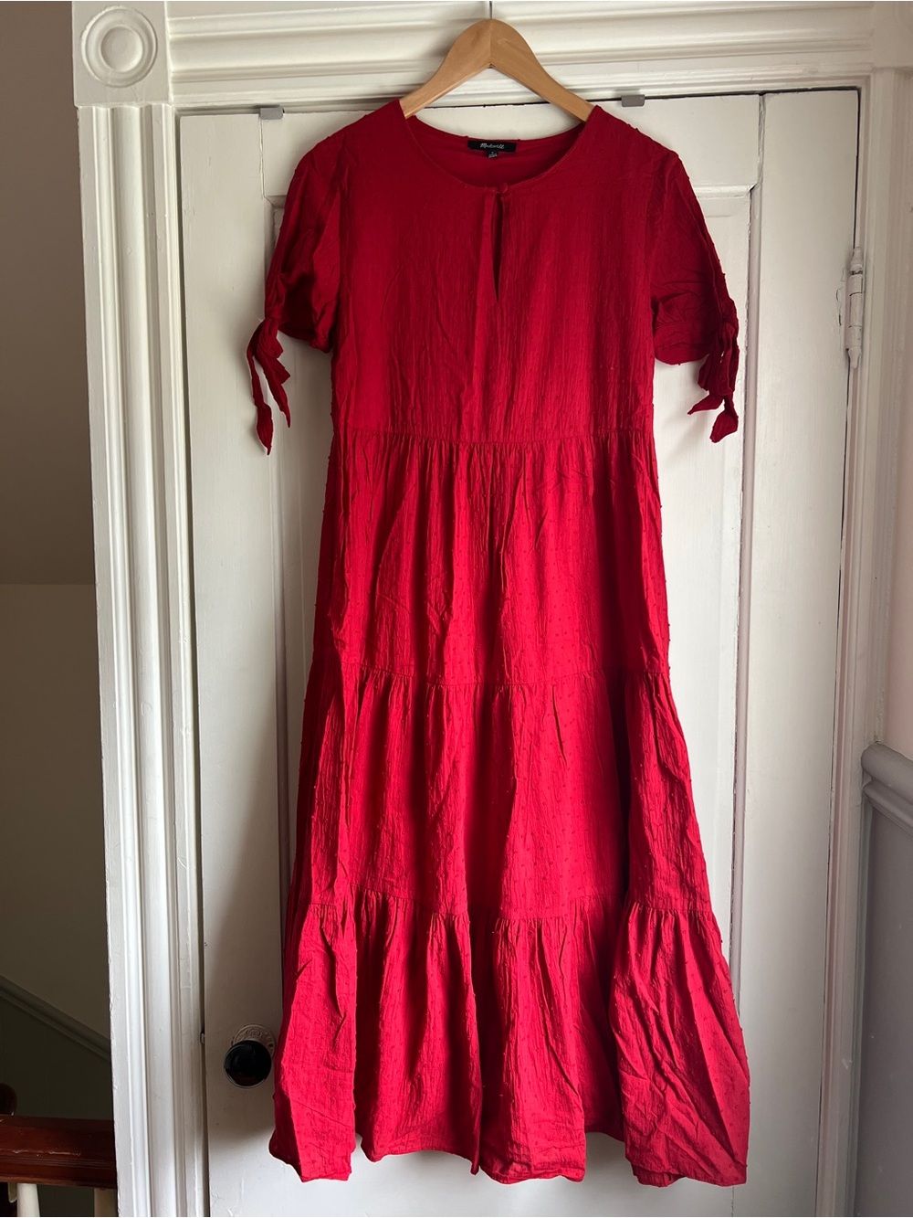 madewell tie-sleeve tiered midi dress in swiss dot red bright ember small #al313